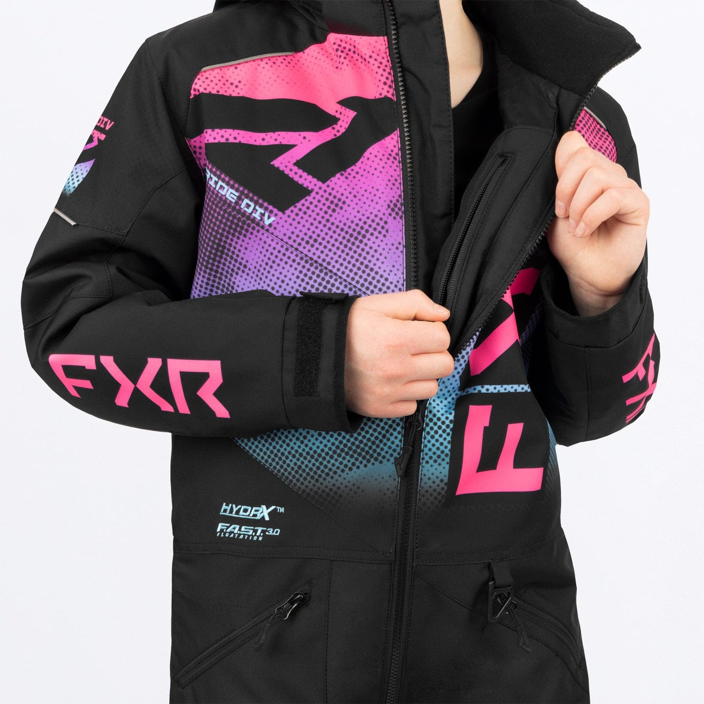 FXR Children's Helium Monosuit Black/Electric Pink Haze/Sky Size 2