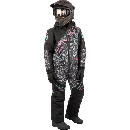 FXR Children's CX Monosuit 2 Black Cheetah/Mint-E Pink Size 2