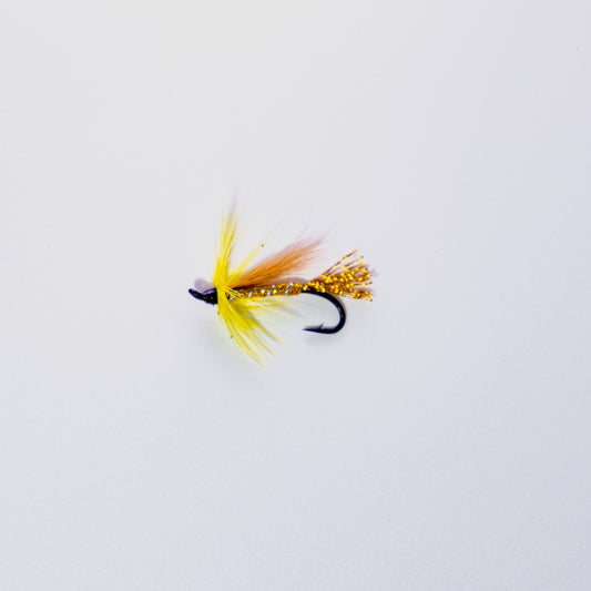 Wet Fly Gold Cosseboom Brown Wing Yellow Hackle #12