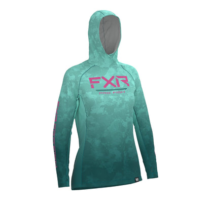FXR Derby UPF Pullover Hoodie Women's Seafoam Camo/Electric Pink Size 2XL