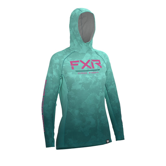 FXR Derby UPF Pullover Hoodie Women's Seafoam Camo and Electric Pink Size 2XL